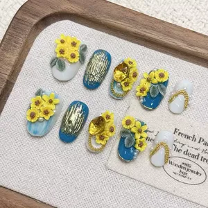 <span class=keywords><strong>Uñas</strong></span> Postizas al por Mayor, Hechas a Mano, Coloridas, con Diseño de <span class=keywords><strong>Girasol</strong></span>, Forma Corta, Acrílicas, con Detalles de Osmanthus - Product Image 3
