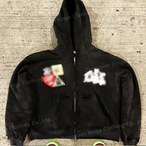 Sudadera con capucha Streetwear de 500 g/m² de alto gramaje, estilo vintage con lavado ácido, desgastada, de corte holgado y corto, con parche bordado y cremallera - Product Image 5