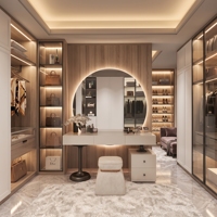Coiffeuse de luxe moderne en bois blanc avec grand miroir LED rétroéclairé et tabouret sur pied – Ensemble de coiffeuse minimaliste pour chambre d'appartement