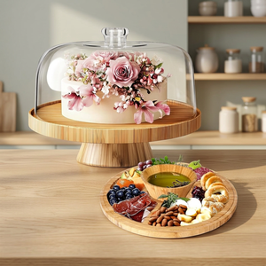 Multi-Functional Disposable Wood Dome Lid Serving Platter with Stand Oven Safe Wedding <b>Cake</b> <b>Tools</b> - Product Image 4