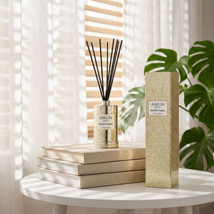 Diffuseur de parfum Aikun en verre cylindrique doré moucheté de 192 ml, à bâtonnets noirs, longue durée, avec boîte cadeau pour la décoration intérieure - Product Image 1