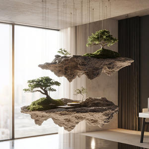 Смоделированный мечтательный зеленый плавучий остров с креативными рокариями и подвесными моховыми растениями, коммерческие украшения для окна сада - Product Image 4