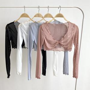 Camicia da donna <span class=keywords><strong>con</strong></span> fodera per balletto e Yoga <span class=keywords><strong>con</strong></span> <span class=keywords><strong>nodo</strong></span> incrociato a rete <span class=keywords><strong>corta</strong></span> <span class=keywords><strong>con</strong></span> abiti da ballo a maniche lunghe da donna blusa da donna - Product Image 1