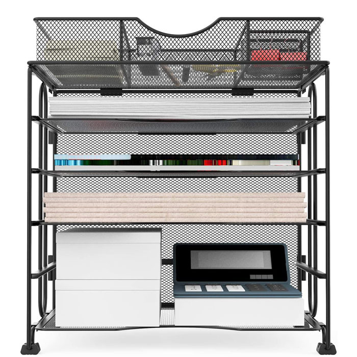 Black Metal Wire Mesh 5 Tiers Office Desk File Organizer with Top Drawer
