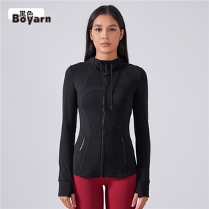 Boyarn Women Regular Fit Sportswear Fitness Blazer Lace up Sweatshirt <b>Thumb</b> <b>Hole</b> Design Zipper Pocket <b>Hoodies</b> Seamless - Product Image 2