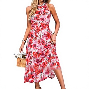 Robe longue florale à col halter sans manches, coupe trapèze, ourlet à volants, imprimée, tenue décontractée d'été - Product Image 1