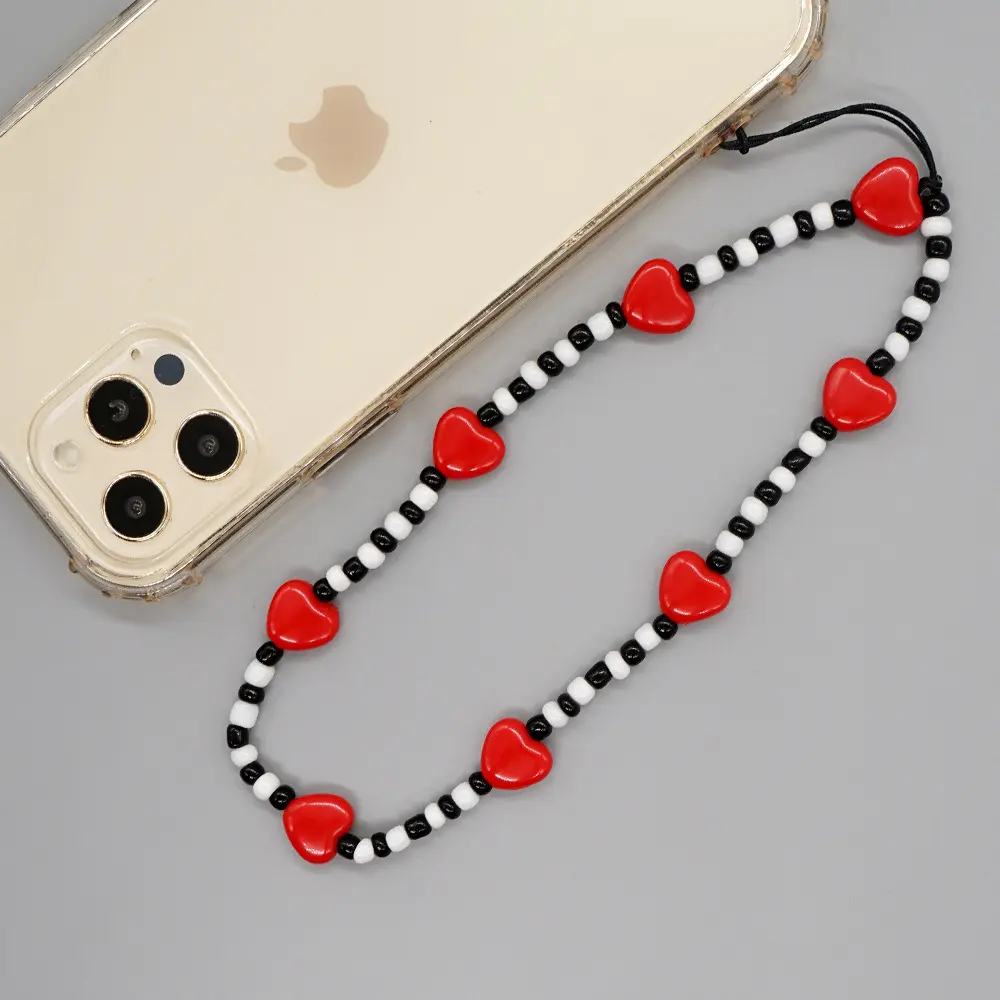 Cuentas de arroz blanco y negro, corazón de melocotón rojo, pulsera personalizada con cuentas de mano, colgante de cadena para teléfono móvil antipérdida, novedad de 2022