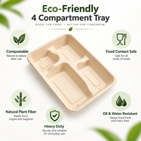 Plateau rectangulaire biodégradable en bagasse à 4 compartiments pour la préparation des repas, les stands de restauration, les événements et la restauration en gros