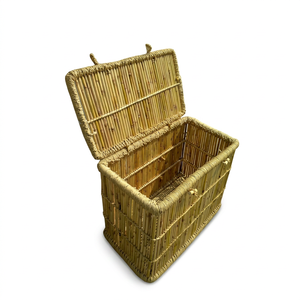 Wholesale Hand Woven Cane + Jute Rope Multifunction Storage Box <b>Basket</b> <b>Lid</b> Trunk Clothes Organizer Traditional Design 60x40x30cm - Product Image 1