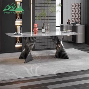 ชุดโต๊ะอาหารหินสังเคราะห์สีเขียวหรูหรา ยี่ห้อ Wayon หน้าโต๊ะลายหินอ่อนเทียมแบบมันเงา ฐานขาตั้งสีดำ เฟอร์นิเจอร์ห้องครัว - Product Image 1