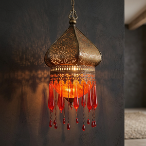 Zahereen BR266 Red Transparent <b>Glass</b> Antique Moroccan Pendant <b>Lamp</b> <b>Shade</b> with Beads and Tears Made in Egypt - Product Image 2