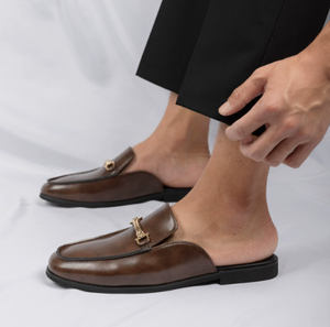 Men's Horsebit Buckle <b>Closed</b> Toe Mule Slippers Minimalist Backless Leather Slides <b>Sandals</b> for Young Men Daily Wear Casual - Product Image 4