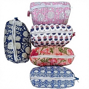 Handmade Quilted toiletry bag 100% Cotton Quilted Block Printed Wash Bag, Vintage Boho Floral <b>Makeup</b> Bag <b>For</b> Women - Product Image 1