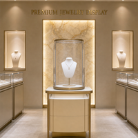 Table de présentation de bijoux en verre incurvée aux coins arrondis, corps beige, cadre en métal brossé doré pour magasin de détail et vente en gros
