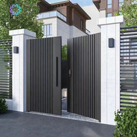 Portail de garage extérieur moderne en aluminium avec clôture en bois traité sous pression style naturel, modélisé en 3D