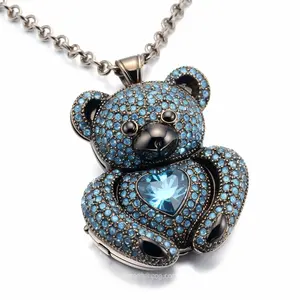 Liontin kalung erkek kolye Coin Teddy Bear Charm hitam Chunky mata biru mode perhiasan kaca berlian manik-manik liontin hati merah