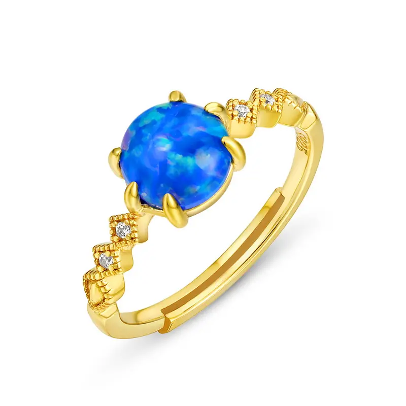 Cincin Perhiasan Opal Api Biru Desain Cincin 925 Emas Kuning Cincin Dapat Diatur