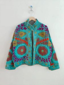Velvet Embroidered Floral Suzani Winter Jacket Boho Duster Coat Street Style Breathable Cotton <b>Button</b> Outerwear Festival Gift - Product Image 6