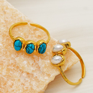 Anillos de Acero Inoxidable con Piedra Turquesa, Chapados en Oro de 18k, Anillo Ajustable de Acero Titanio para Mujer - Product Image 1