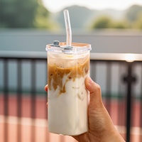 Gobelet carré en verre pour café et soda, pot à boba transparent, 380 ml, anti-fuite, sans BPA, durable, compatible lave-vaisselle, couvercle personnalisé