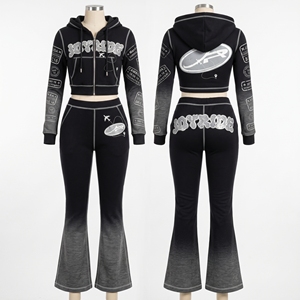 Custom Acid Wash Hoodie <b>Set</b> Women Long Sleeves Tracksuit <b>Sets</b> Zipper Hoodie Jacket and Flared Pants Two Piece Lounge <b>Sets</b> - Product Image 3