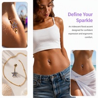 Anneau de nombril en acier inoxydable 316L, barre incurvée dorée avec 5 fleurs en zircone cubique lavande, bijoux de piercing hypoallergéniques