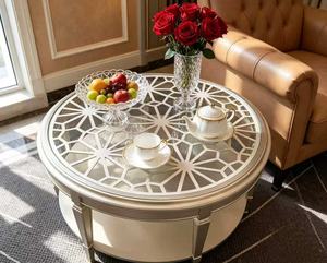 Champagne <b>Gold</b> <b>Round</b> Glass Coffee <b>Table</b> with Geometric Lattice Top & Lower Shelf - Product Image 1