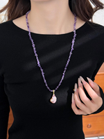 Collier tendance en cuivre plaqué or avec breloque en améthyste et perle d'eau douce, certifié CE ASTM REACH, bijoux de mode en matériaux naturels - Cadeau tendance