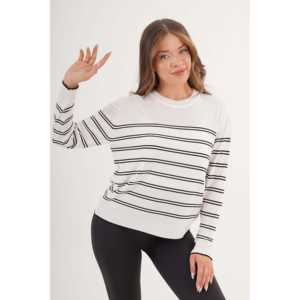 Pull en tricot rayé à col rond de style vintage en gros pour femmes Blanc Longueur longue Décoration boutonnée Décontracté pour l'automne Plage - Product Image 2
