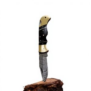 Cuchillo de acero de Damasco con mango con incrustaciones de oro, hoja recta de 0.6 mm de grosor, para caza, plegable, de bolsillo. - Product Image 1