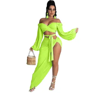 Mode Baru Off-Shoulder Lengan Panjang Perban Crop Top Musim Gugur Sisi Celah Rok Panjang Warna Solid 2 Piece Set Pakaian Wanita