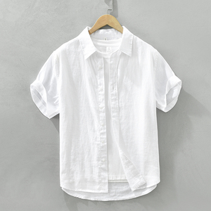 Vendita calda <span class=keywords><strong>Camicia</strong></span> Casual a maniche corte da uomo in cotone traspirante in <span class=keywords><strong>lino</strong></span> <span class=keywords><strong>arancione</strong></span> personalizzato con Logo ampio Button up camicie - Product Image 3