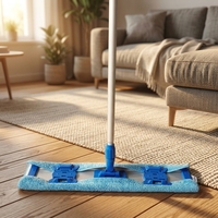 Serpillère plate en microfibre à rotation 360° haute efficacité avec manche en aluminium bleu pour le nettoyage des grandes surfaces, aéroports et entrepôts