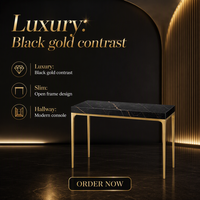 Table console en marbre noir avec pieds en laiton, rectangulaire, pour entrée, couloir, salon, table d'appoint, style moderne et luxueux