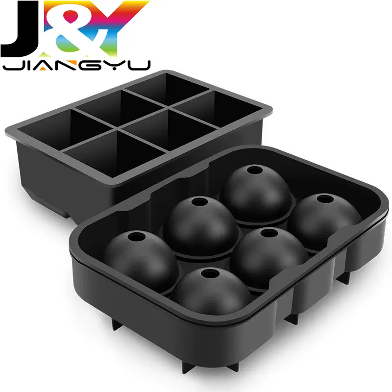 6 cavity silicone Ice Cube Trays Set of 2 Whiskey Ice molds and Ball Silicone Combo Pack Freezer maker