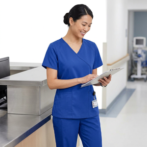 Women Blue <b>Scrub</b> <b>Tops</b> V-Neck Short Sleeve Hospital Uniforms Cotton Polyester Woven Fabric - Product Image 1