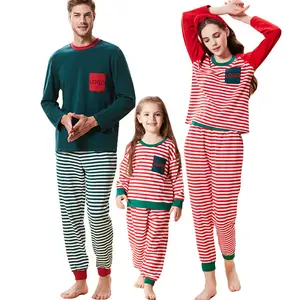 批发新款舒适家庭搭配睡衣热绿色红色条纹纯棉家庭搭配睡衣