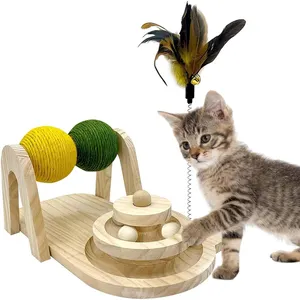 Wooden 2-Layer Kitty Toy Roller Ball Tower With Cat Wand Toy Feather Stick Scratching Ball Cat Scratcher