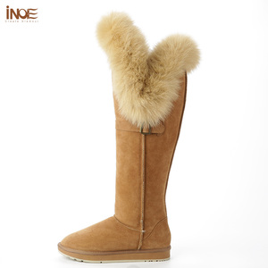 Women's Ultra-High Over-the-Knee Winter Snow <strong>Boots</strong> Fox Fur Double Face Sheepskin Suede Leather Shearling Wool Platform Autumn - Product Image 5