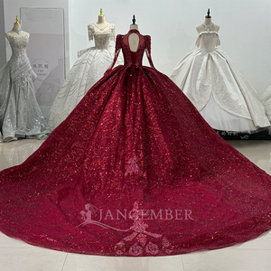 XS215 Robe de Quinceañera Rouge à Col Montant, Style Empire, pour 15 Ans, avec Broderie de Cristaux, Perles et Imprimé, Traîne Chapelle, pour Fête - Product Image 4