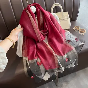 Hot Sale New Butterfly Embroidery Silk Scarves Shawls Ladies Plain Shiny Imitation Silk Scarf With Pearl Bead Neck Scarf Hijabs