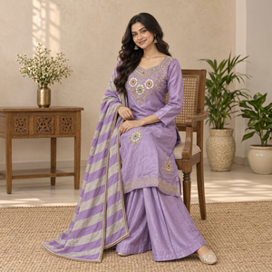 Ensemble Kurta Palazzo Dupatta en soie de verre brodée lavande, séchage rapide, coupe ample, longueur ras du sol, toutes saisons, pour femme, tenue de soirée - Product Image 1
