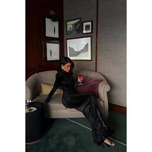 Vestido de fiesta negro de ganchillo con corte en A, mangas largas, decoración de purpurina y cuentas, cintura imperio, tallas XS a XL - Product Image 3