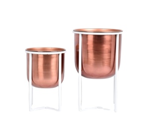 Ensemble de jardinières style ferme en fer plaqué or rose avec 2 supports blancs thermolaqués - Utilisation en jardin et hôtel, durable, écologique, léger - Product Image 1