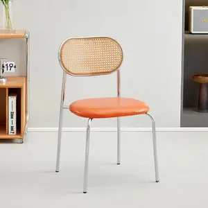 2023餐椅藤制镀铬焦糖皮革单合成藤绳椅带坐垫