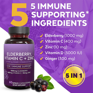 Compléments alimentaires à base de plantes OEM, extrait de sureau, <span class=keywords><strong>vitamine</strong></span> <span class=keywords><strong>D</strong></span>, <span class=keywords><strong>vitamine</strong></span> C, gingembre <span class=keywords><strong>et</strong></span> <span class=keywords><strong>zinc</strong></span>, capsules de sureau 5 en 1 pour adultes - Product Image 2