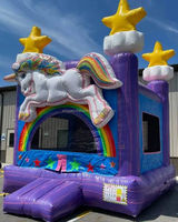Château gonflable commercial 4x4m avec toboggan, motif licorne arc-en-ciel scintillant en PVC, facile à monter pour enfants