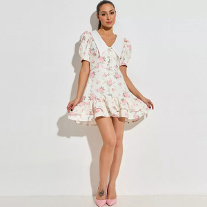 Vestido Mini con Estampado Floral, Cuello en V, Cintura Imperio, Mangas Abullonadas y Dobladillo con Volantes, Silueta Lápiz, Transpirable, Ropa Casual de Verano - Product Image 1