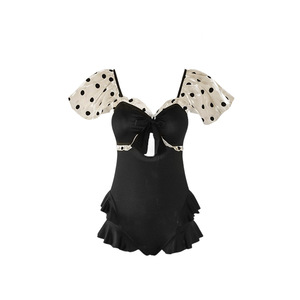 Traje de baño de una pieza para mujer, traje de baño negro con escote con volantes, cintura alta, adelgazante, para deportes acuáticos y aguas termales - Product Image 3