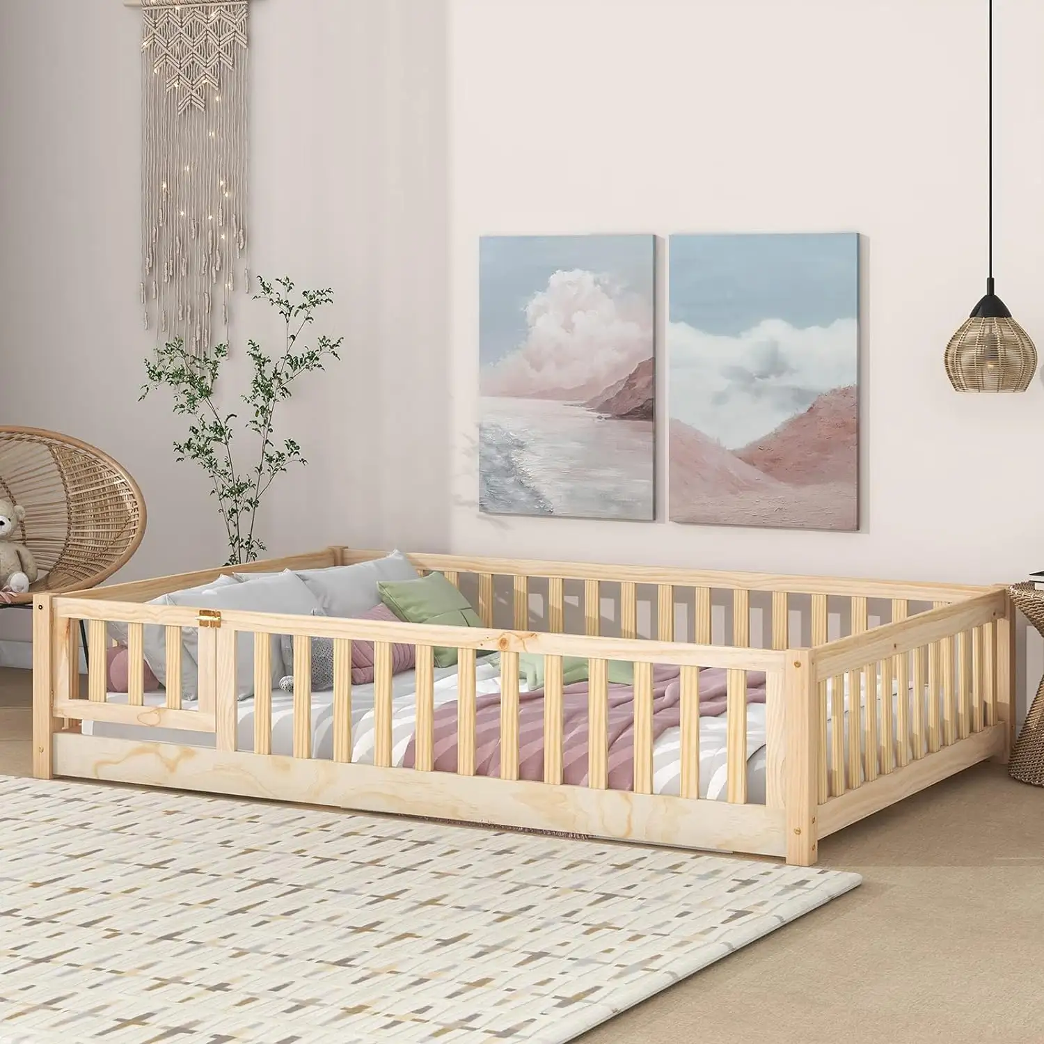 Wooden Floor Bed with Guardrails and Slats Boy and Girl Kids Children beds